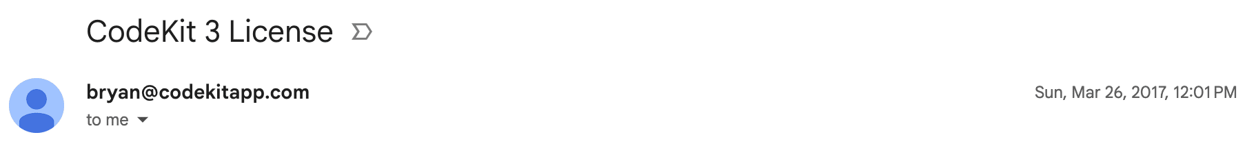 Email showing my first codekit license from 2017