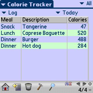 Screenshot showing a list of food items on Palm OS