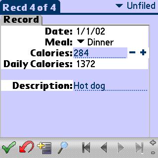 Screenshot showing a form to record a food item on Palm OS