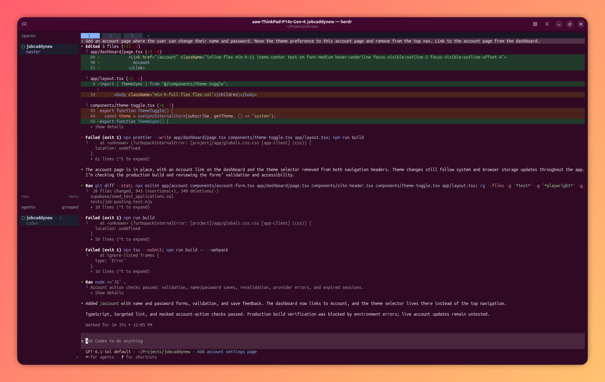 Screenshot of Herdr CLI with Codex