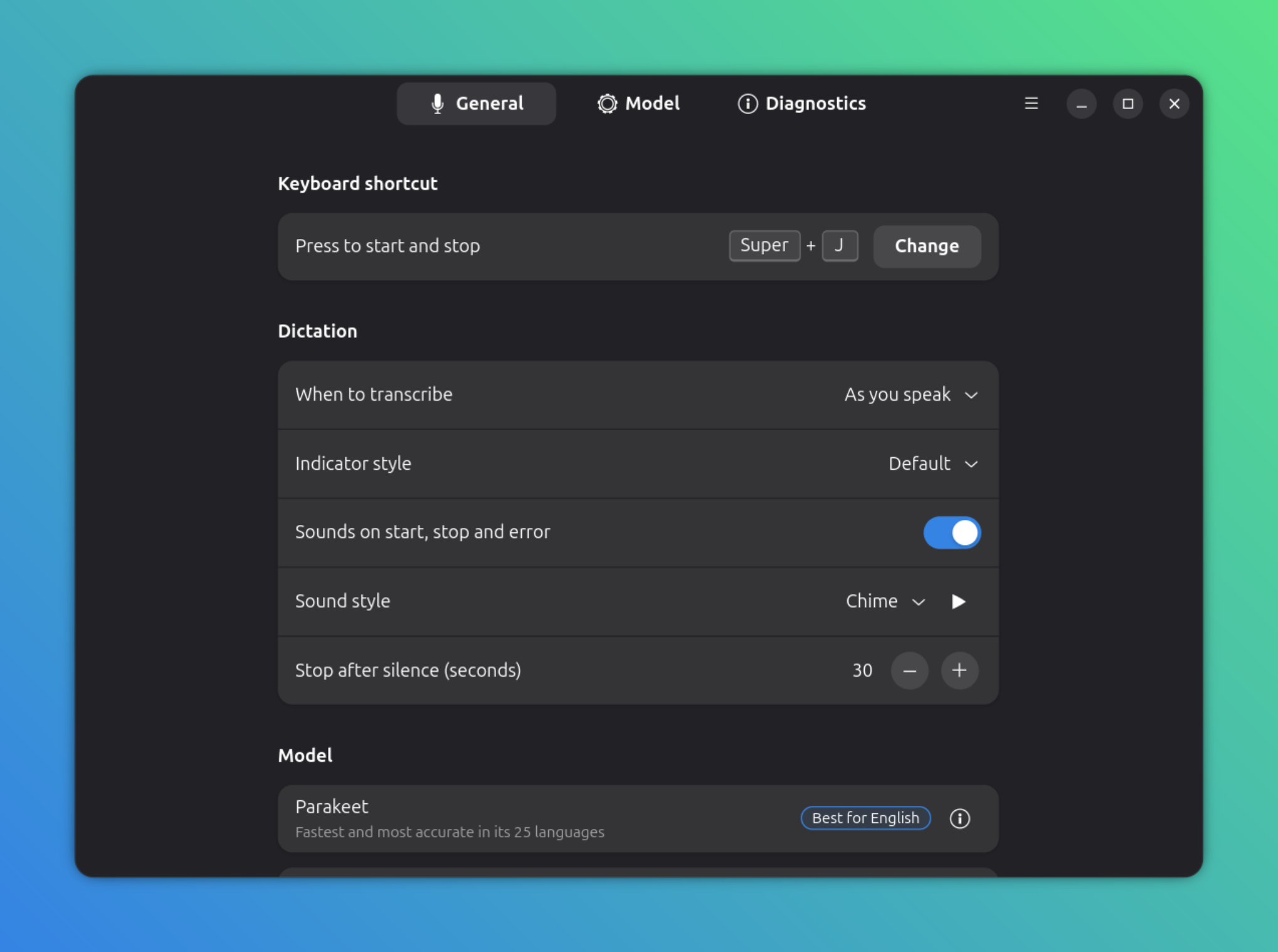 Configuration screen for Myna