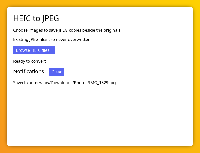 The HEIC converter application window