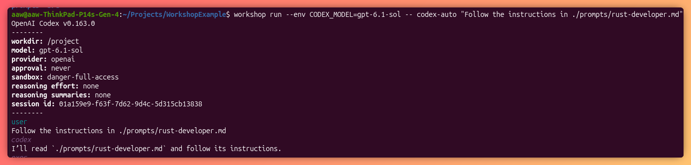 Codex agent running inside the workshop