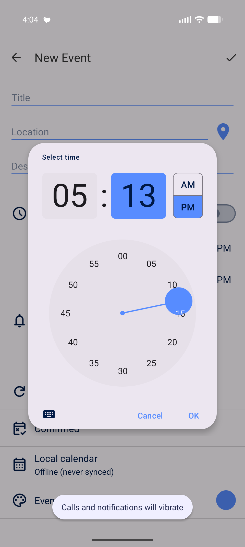 Time picker on Android showing minutes