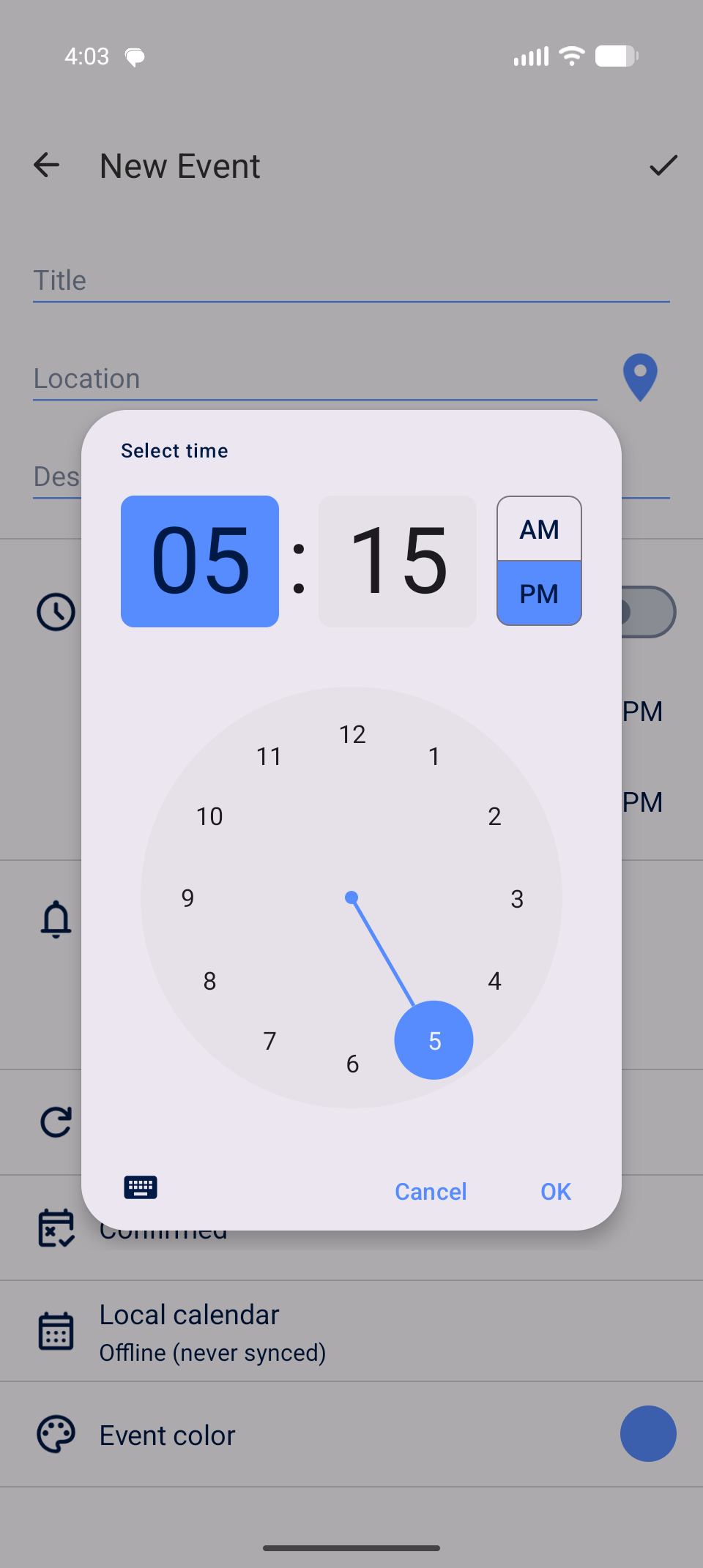Time picker on Android showing hours