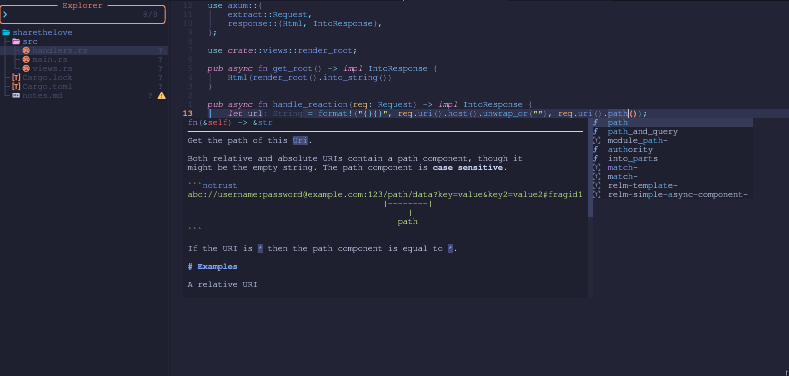 Screenshot of neovim showing a Rust hint