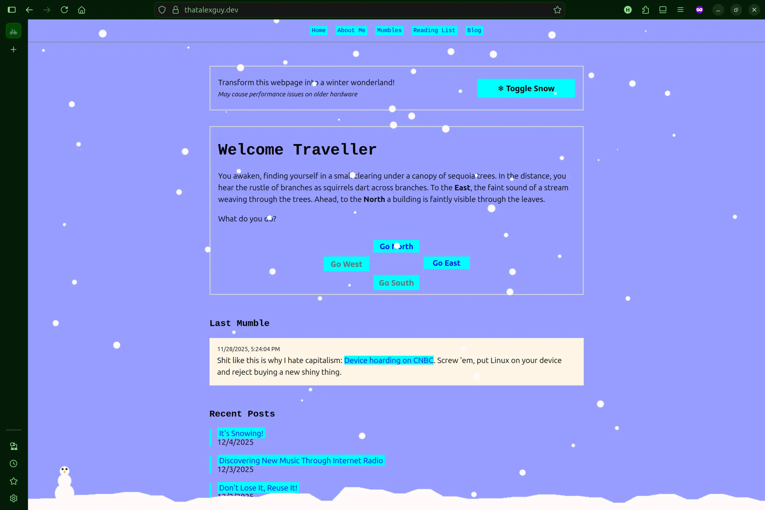 Snow falling on the homepage of this website